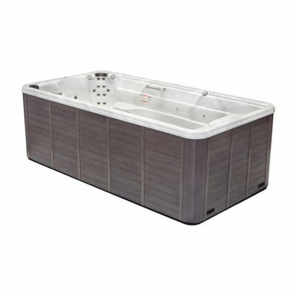 The EP15 Swim Spa features a silver marble shell and grey cabinet with a spacious rectangular design, built-in jets, and multiple seating areas.