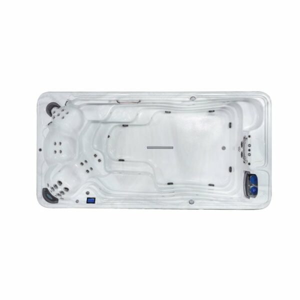Top view of the EP15 Swim Spa with a silver marble shell and grey cabinet, featuring built-in seats, jets, control panels on both ends, and a smooth, glossy surface.