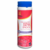 A 2lb cylindrical container of Litehouse Scented Non-Chlorine Spa Shock in Evening Calm, with a blue cap and red label featuring safety warnings.
