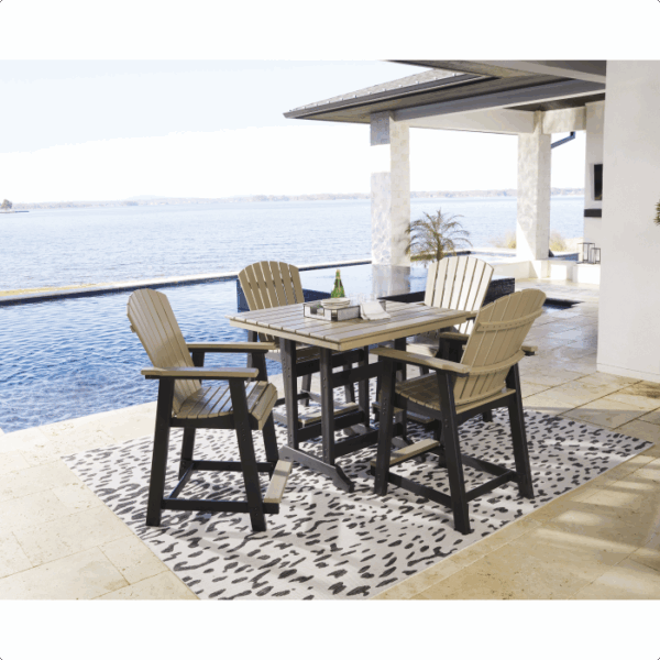 Create a stylish outdoor space with the Fairen Trail Counter Set 5-piece—includes a square table and four wooden chairs on a patterned rug, perfect poolside beside your modern home overlooking the water.