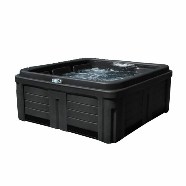 The INNOVASPA FANTOM - GREY is a modern grey square hot tub with built-in seats, textured side panels, and bubbling water, displayed on a white background.