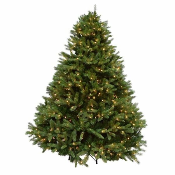 The 7.5 Grand Fir with Clear Lights StayLit is a green artificial Christmas tree adorned with small, warm white lights, set against a plain white background.