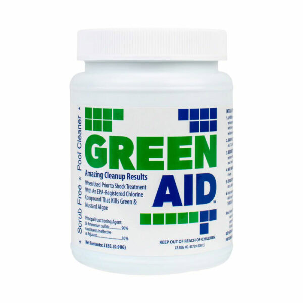 A white plastic container labeled Green Aid - 2 Lbs. with blue and green text, described as a pool cleaner and algae killer. It holds 0.9 kg of product and includes usage instructions and safety warnings on the label.