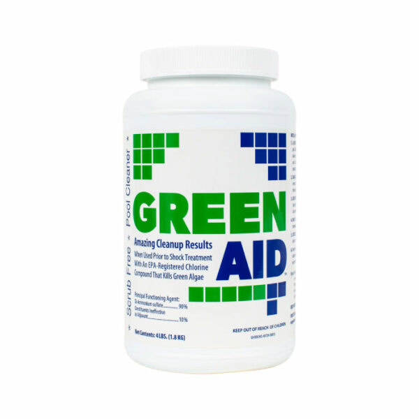A white plastic container labeled Green Aid - 4 Lbs. pool cleaner features green and blue accents, a white cap, and visible usage instructions. It is used for removing green algae from pools.