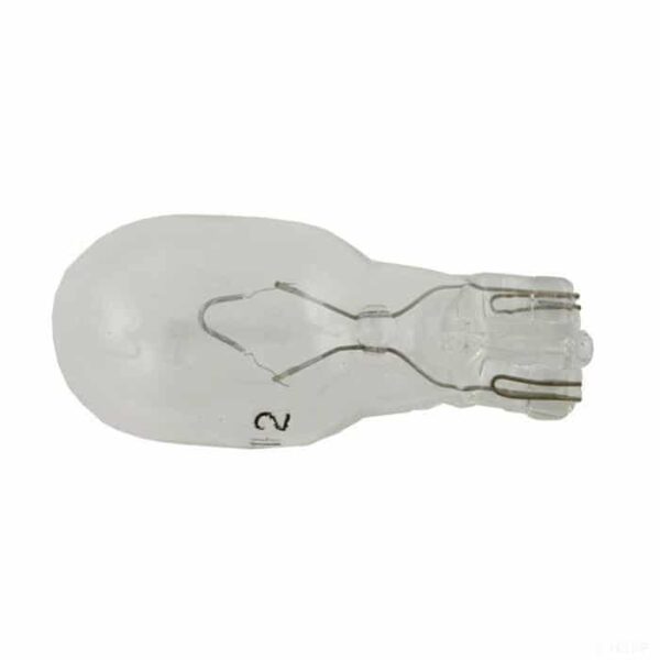 A Spa Light Bulb - GE-912, featuring a clear, small wedge base with visible filament and metal contacts, lies on a white background.