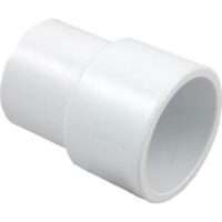 The Inside Pipe Extender 1.5IN spg is a white PVC fitting with one end larger than the other, designed to join two pipes of different diameters.