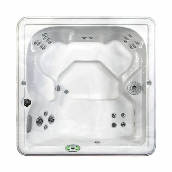 Top-down view of the HYDRANGEA hot tub featuring a silver marble shell, black cabinet, multiple jets, contoured seating, and a small side control panel. The interior has a marbled pattern.