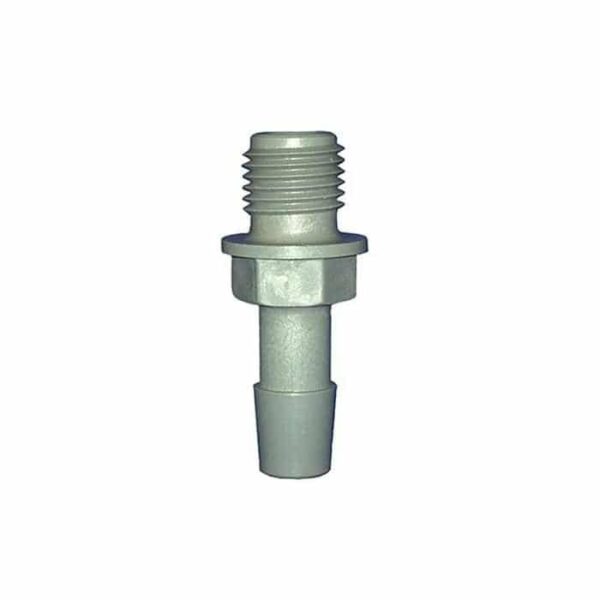 The Pump Free Fitting features a 1/4 MPT male threaded top and a 3/8 tapered hose barb bottom, shown isolated on a white background. Ideal for Sundance Spas.