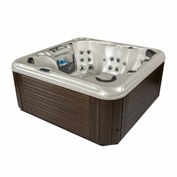 The Kona hot tub features a spacious square design with a Smokey Mountain silver shell, multiple jets, built-in seating, a digital control panel, and a stylish Java wood-paneled cabinet.