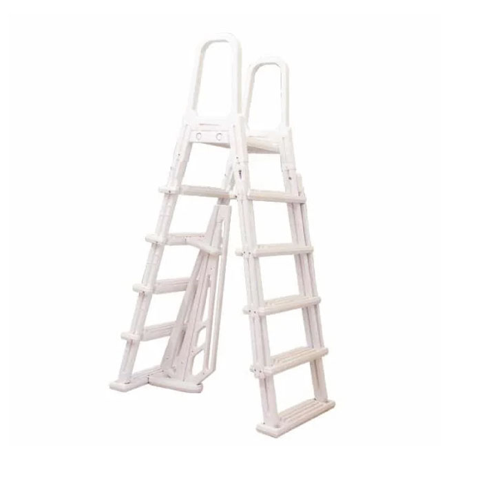 The 18′ x 33′ x 54″ Mystic Pool Package features a white A-frame pool ladder with five wide steps on each side, designed for above-ground pools, shown standing upright against a plain white background.