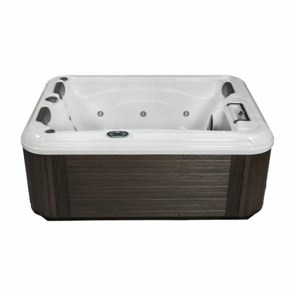 The Lanai hot tub features a Midnight Canyon shell and black cabinet, with a square design, white interior, dark wood-style exterior, multiple built-in seats, and jets, viewed from the front.