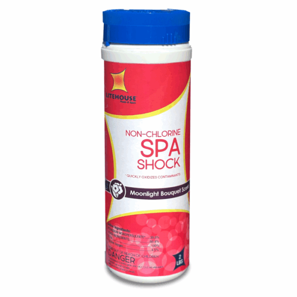 A 2lb container of Litehouse Scented Non-Chlorine Spa Shock in Moonlight Bouquet scent, featuring a pink and red label with white and yellow accents.