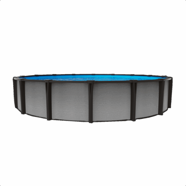 The 15′ x 30′ x 54″ Mystic Pool Package features a round, above-ground pool with a gray exterior wall and blue interior, shown filled with water from a side angle against a white background.