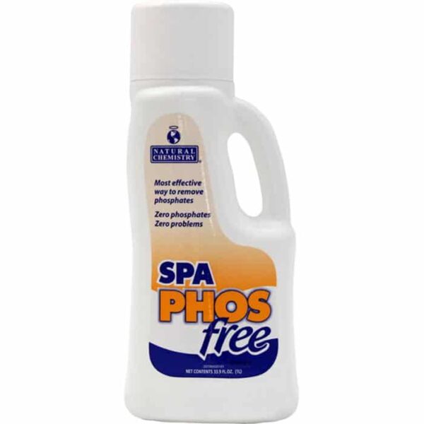 A white bottle of Spa PHOSFree, a phosphate remover for spas, features an orange and blue label stating “Most effective way to remove phosphates. Zero phosphates, zero problems.”.