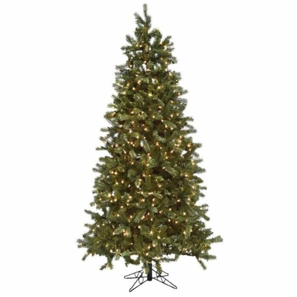 A 9 Norway Pine artificial Christmas tree with color changing LED lights evenly distributed among its branches, set on a black metal stand against a plain white background.