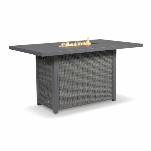 The Palazzo Hill Bar Set 7-piece features a rectangular outdoor fire table with a wicker-paneled base and a smooth, dark tabletop accented by a central fire pit showcasing visible flames.
