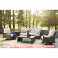 Paradise Trail Grouping 4 piece set shown with beige cushions, two armchairs, a loveseat, side and coffee tables on a patterned rug. Trees and sunlight in background. Red text notes image is for illustration purposes only.