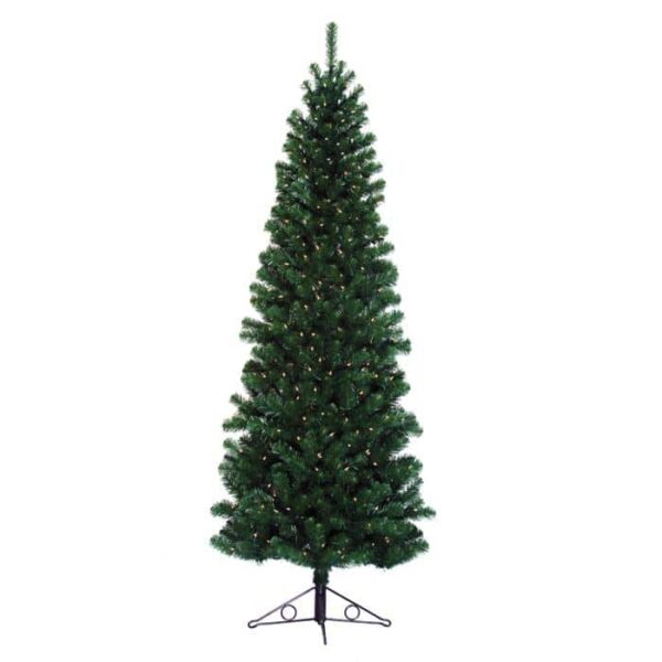 A 7.5 Pencil Pine Green artificial Christmas tree with color-changing LED lights, displayed on a black metal stand against a white background.