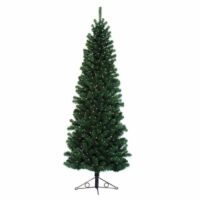 The 6.5 Pencil Pine Green Christmas tree features dense green branches and color-changing LED lights, set on a sturdy metal stand against a plain white background.