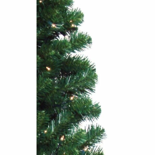 Close-up of the left side of the 6.5 Pencil Pine Green artificial Christmas tree with color changing LED lights, set against a plain white background.