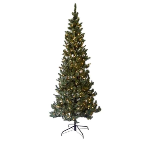 The 7.5 Pencil Pine Blue with Clear Lights is a tall, slim artificial Christmas tree featuring green-blue branches and clear lights, displayed on a black metal stand against a white background.