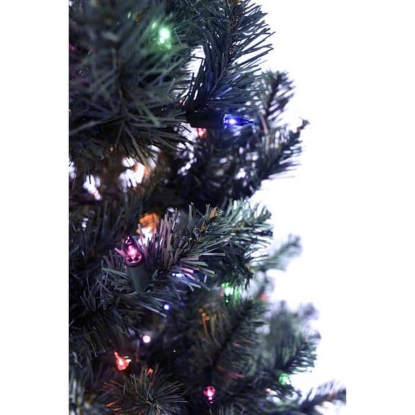 Close-up of the 7.5 Pencil Pine Blue, featuring green artificial branches decorated with color changing LED lights in blue, red, yellow, and green against a white background.