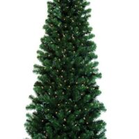 The 7.5 Pencil Pine Green with Clear Lights StayLit is a tall, artificial green Christmas tree featuring clear lights and evenly spaced branches, set on a black metal stand against a white background.