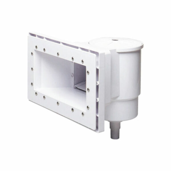 The Rapid Flow Skimmer - Complete is a white rectangular pool skimmer with a wide intake and round side basket, designed for easy swimming pool installation.