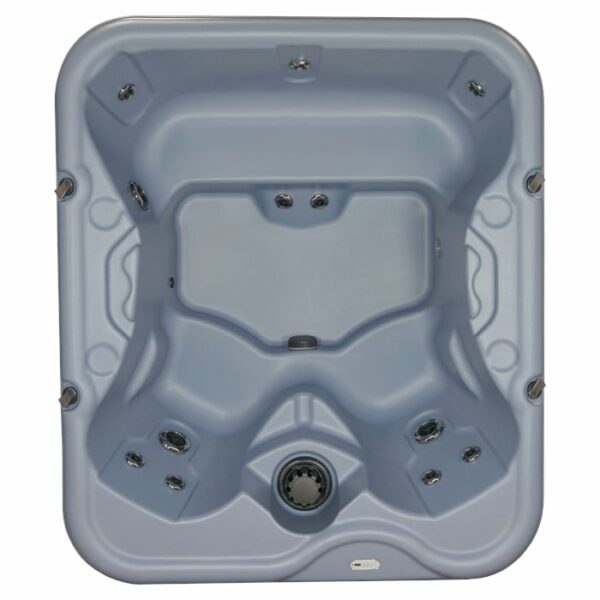 Top-down view of the Retreat All-In-110V hot tub in Shadow Shell with a Charcoal Cabinet, featuring contoured seating for two, multiple water jets, smooth gray surface, visible control knobs, and jet outlets.