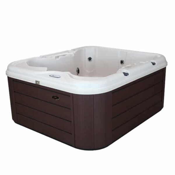 The Retreat All-In-110V hot tub features a white Shadow Shell interior, a dark Charcoal Cabinet exterior, built-in seats, and multiple water jets.
