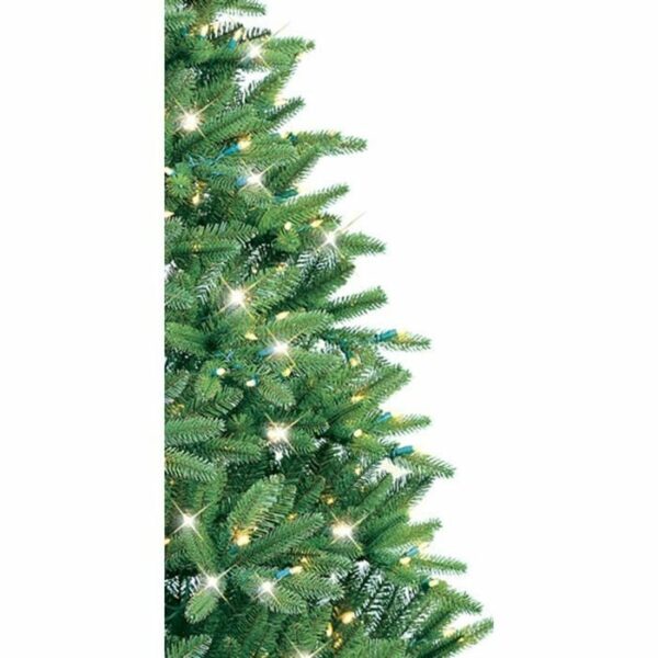 Close-up of the left side of a 7.5 Rocky Mountain Pine Blue artificial Christmas tree with color changing LED lights, set against a plain white background.