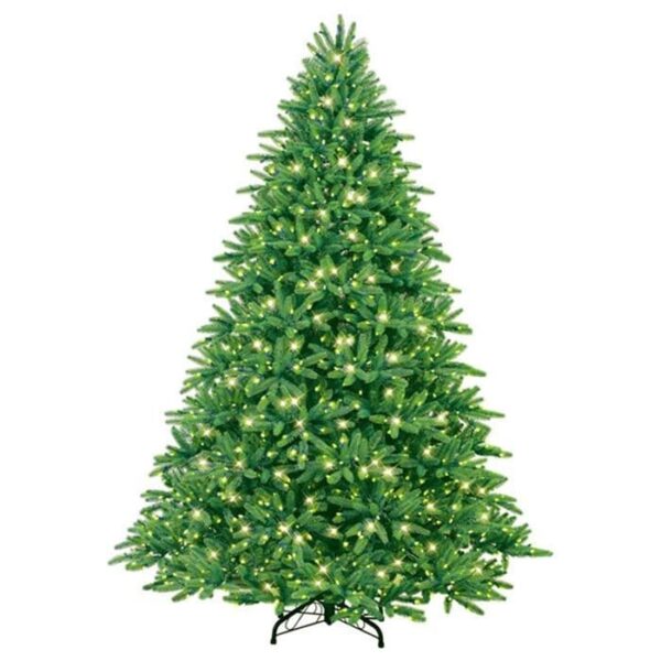 The 7.5 Rocky Mountain Pine with Clear Lights StayLit is a green artificial Christmas tree featuring numerous small white lights and a metal stand, shown against a white background.