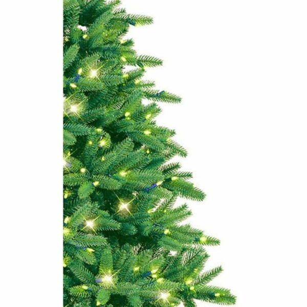A close-up of the 7.5 Rocky Mountain Pine Green Christmas tree, featuring color changing lights, set against a white background on the left side.