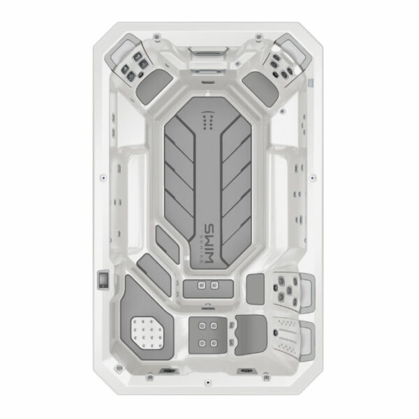 Top-down view of the S150 SWIM KIT - Snow Shell / Timber Cabinet swim spa featuring multiple seats, jets, control panels, and gray non-slip surfaces with designated seating and standing areas for therapy and exercise.