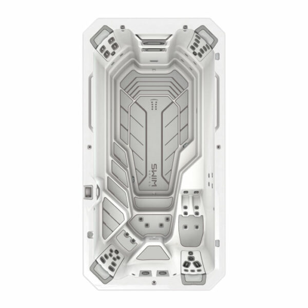 Top-down view of the BF-S180XD SWIM KIT in Snow Shell with Timber Cabinet, featuring built-in seats, multiple water jets, a large central swim lane, and textured surfaces for traction and comfort.