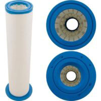The Sundance Spas-Micro Clean Ultra (Inner) is a cylindrical water filter cartridge with blue plastic ends, shown from the side and from top and bottom views to highlight its internal mesh filter structure.