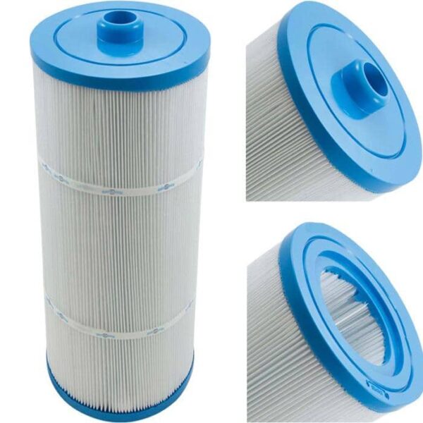 The Sundance Spas-Micro Clean Ultra (Outer) is a cylindrical pool filter cartridge with pleated white material and blue plastic ends, shown from multiple angles including top, side, and bottom views.