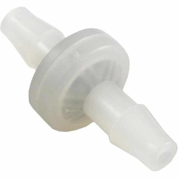 The Check Valve - 1/4 Barb x 1/4 Barb is a small, transparent plastic valve with tapered ends for tubing and a circular center section.