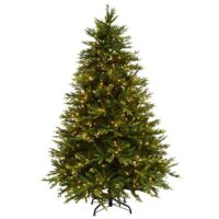 A 7.5 Scots Pine artificial Christmas tree with color changing LED lights stands on a black metal stand against a plain white background.