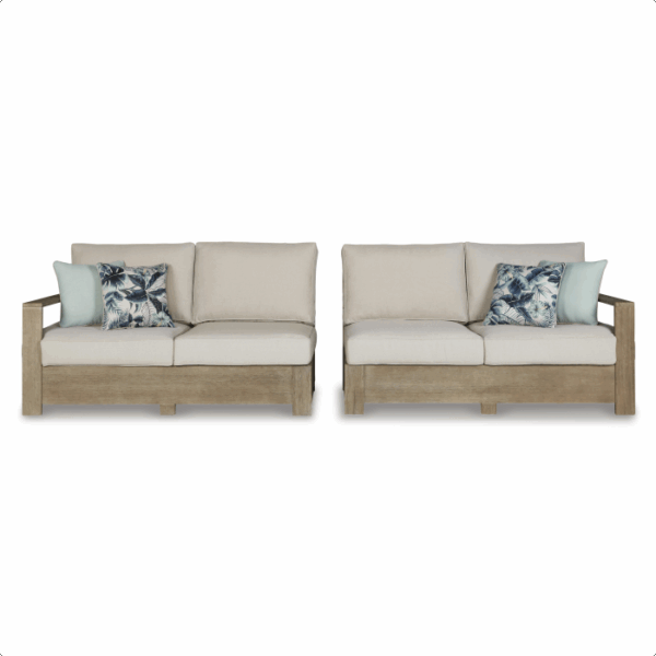 The Silo Point Grouping 5-piece set includes two beige cushioned wooden loveseats with armrests, each with two seat and back cushions, plus a mix of floral and solid-colored throw pillows.