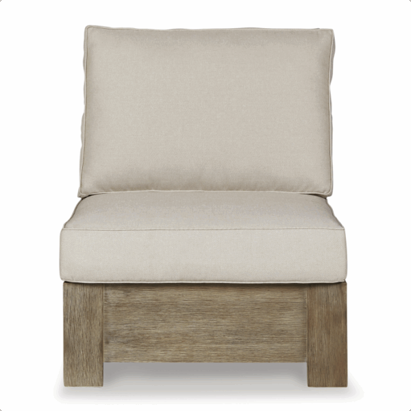 A front-facing view of the Silo Point Grouping 5 piece armless chair, featuring light beige cushions and a wooden base with a simple, modern design.