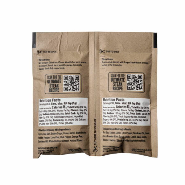 Two brown packets of Traeger Summer Steak Blend Pellets with printed nutrition facts, directions, and QR codes labeled Scan for the ultimate steak recipe are sealed and placed side by side on a white background.