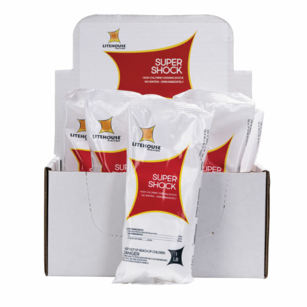 A white box displays several Litehouse Super Shock 1lb BAG pool chemical packets in white bags with red and yellow labels, all arranged upright inside the open box.