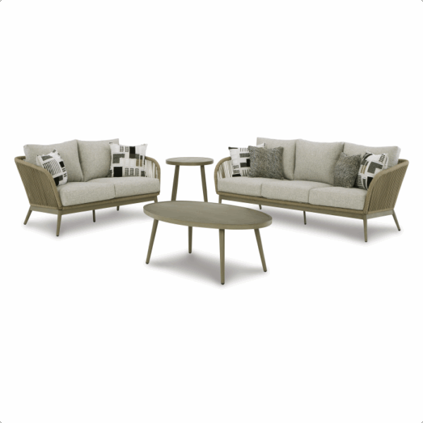 The Swiss Valley Grouping 5 piece includes two light gray cushioned sofas with rope-style frames, four geometric patterned pillows, a round side table, and an oval coffee table—all featuring matching olive green legs for a modern look.