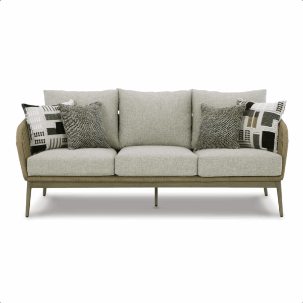 The Swiss Valley Grouping 5 piece is a modern light gray sofa with a wicker-style frame, slim metal legs, five cushions, and four black, white, and gray patterned throw pillows.