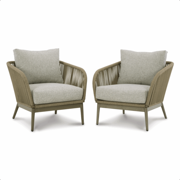 The Swiss Valley Grouping 5 piece features two modern lounge chairs with light gray cushions, angled backs, taupe frames, and woven rope sides. Each chair has a wide seat and sturdy legs, positioned to face each other for conversation.