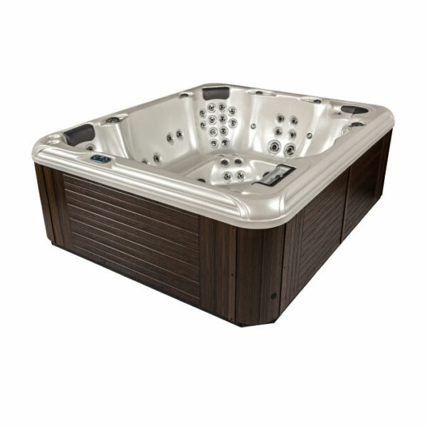 The TAHITI Glacier Mountain Shell/Black Cabinet is a spacious rectangular hot tub with a white interior, multiple jets and seats, and a sleek black cabinet exterior.
