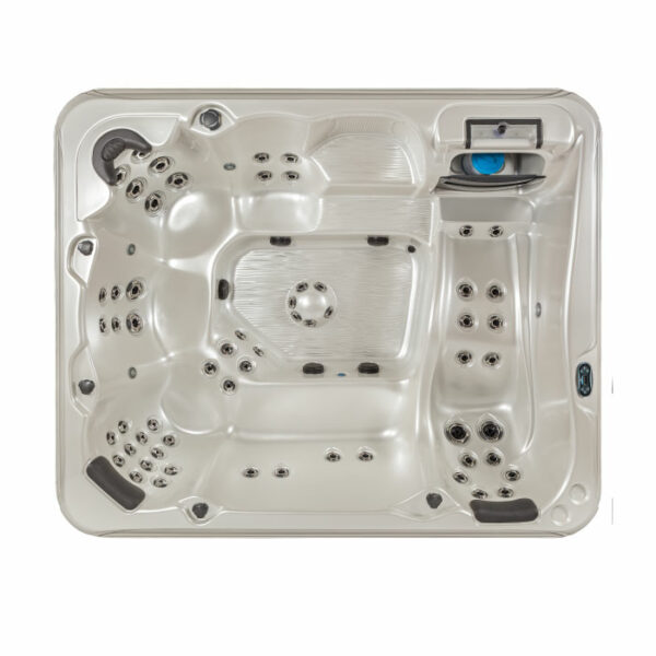 Top view of the TAHITI Glacier Mountain Shell/Black Cabinet hot tub: square, white, with multiple seats, built-in headrests, numerous jets, and a small side control panel.