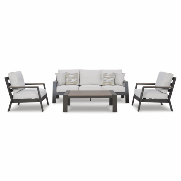 The Tropicava Grouping 4-piece is a modern outdoor set featuring a three-seat sofa with two patterned accent pillows, two armchairs, and a rectangular coffee table. All pieces have dark frames and light-colored cushions.