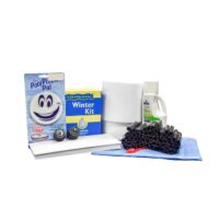 The Small Round Winter PCKG-STD includes a Pool Pillow Pal, Winter Kit box, Pool Magic bottle, white pool cover, black water tubes, plugs, and absorbent towels.